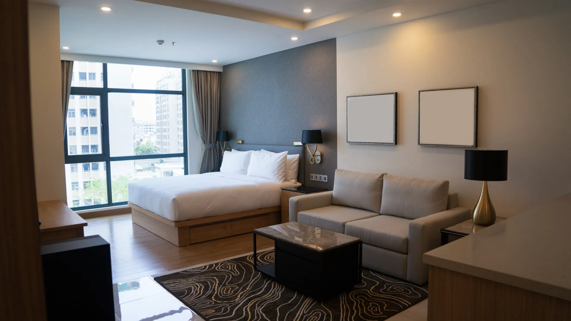 Modern studio apartment interior with city view