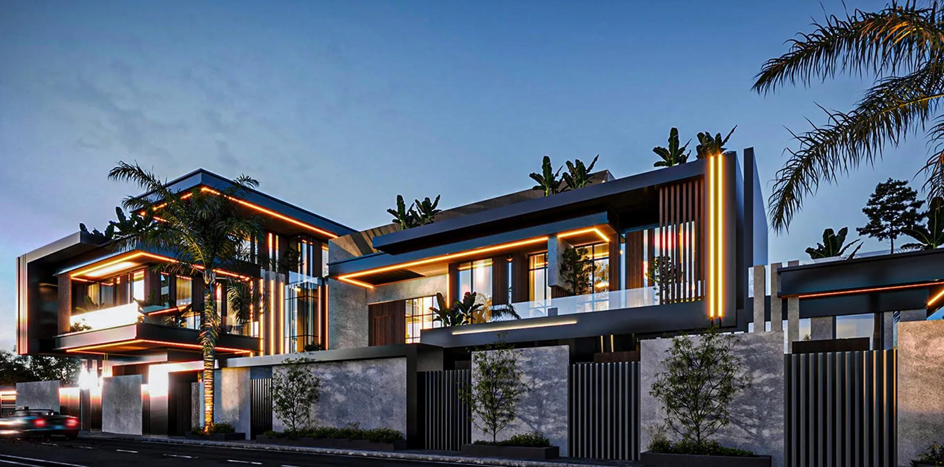 Luxury modern mansion exterior at dusk