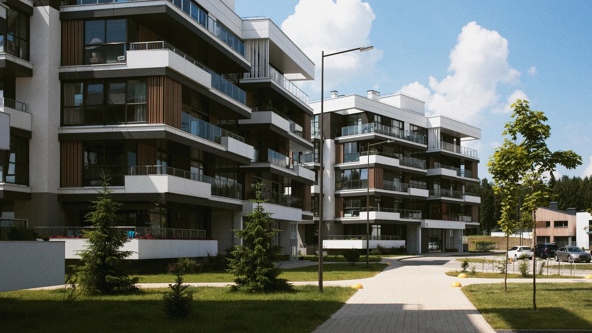 Modern apartment complex with landscaped grounds